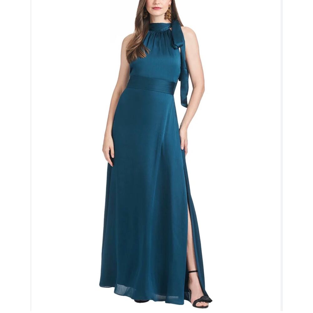 Sachin + Babi Teal Halter Maxi Dress with Neck Tie and Side Slit